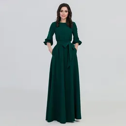 Casual Dresses Women Lantern Sleeve Long Elegant Maxi Dress With Belt Solid Color Female Vestidos Robes Longues