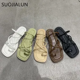 Suojialun Summer Band Band Women Women Slipper Fashion Square Toe على Ladies Sandal Low Heel Outdoor Beach Slides Flip Flop 240328