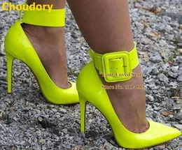 Kleidschuhe Choudory Neon Heels Lackleder Quadratischer Schnallenriemen Spitzschuh Candy Color Stiletto Heel Pumps Größe 46 Dropship