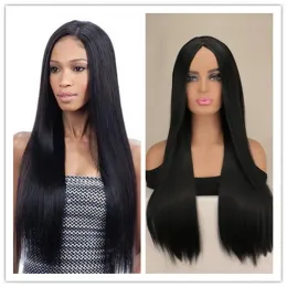 WIGS QQXCAIW Natural Black Color Wigs Средняя часть Длинная прямая теплостойкость синтетического ежедневного парика для женщин для женщин