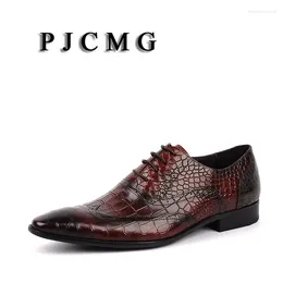 Dress Shoes PJCMG Fashion Black/Red Men High Quality Breathable Lace-Up Crocodile Pattern Genuine Leather Oxford