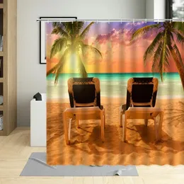 Duş perdeleri deniz kenarındaki tatil sahne perdesi hindistancevizi ağacı deniz kumlu plaj sandalyesi denizyıldızı kabuğu sörf tahtası banyo ev dekoratif