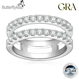 Anelli a grappolo Butterflykiss Luxury Full Moissanite Fasce nuziali Doppia fila Matrimonio vero anello in argento sterling 925 per regalo di gioielli da donna