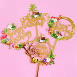 Ins Acrylic Color Printing Summer Birthday Cake Topper Coconut Tree Flamingo Cake Toppers for Kid Birthday Party Cake Decoration