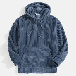 Top Selling Mens Sweater Thickened Corduroy Long Sleeve Solid Kangaroo Pocket Shoulder Hoodie 240321