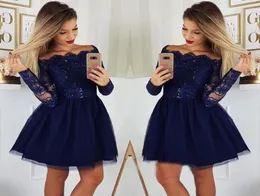 Abiti da homecoming a maniche lunghe blu navy 2019 A Line Applique Juniors Sweet 15 Abiti da cocktail party di laurea Plus Size Custom M4682290