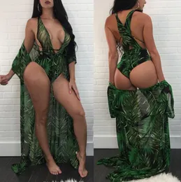 Yeşil Renk 2018 Kadın Moda Selva Desen Baskı Tulum Ploaksexy Rompers Bodysuits Tulumlar Dantel Yukarı Brezilya Plajı Bikinis 2p5744924