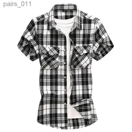 Men's Casual Shirts Striped Plaid Short-sleeved Shirt Mens Single-breasted Square Collar Cotton Shirts Summer Fashion Casual Camisa Men Chemise 7XL 240402