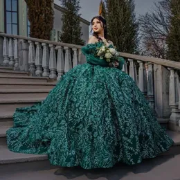 Vestido de baile verde esmeralda quinceanera, ombro de fora, manga bufante, flores 3d, apliques, espartilho, vestido de 15 anos