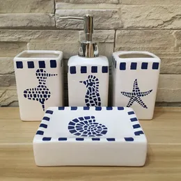 Nuovo set da quattro pezzi per bagno in ceramica mediterranea, colore a mano, mondo subacqueo, uccelli marini, ippocampo, stelle marine, stampa conchiglia