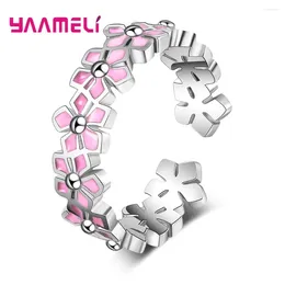 Cluster Rings 925 Sterling Silver Female Fashional Cute Luxury Pink Stackable Flowers Adjustable Open Finger Ring For Women