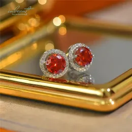 Earrings inbeaut 925 Silver Round Excellent Cut Total 46 ct Pass Diamond Test Red Moissanite Stud Earrings for Women Party Fine Jewelry