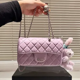 Women Purple Lambskin Classic Mini Flap Square Quilted Borse Crush Parl Ball Parl Silver Metal Hardware Matelasse Catena Croce Polta Polliero Porta della Carta Borsa 20 cm