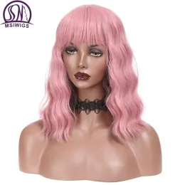 Perücken msiwigs Frauen mittlere Bobo -Wellenperiere synthetisches Cosplay rosa Haare Bob Cosplay Perücken mit Pony for Girl