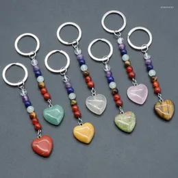 Keychains 15pcs Love Heart Stone Key Rings 7 Colors Chakra Beads Charms Charms Healing Crystal Keyrings