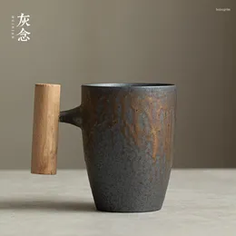 Tazze Piattini Stile giapponese Manico in legno Tazza dorata in ceramica smaltata grezza Caffè fatto a mano Tazza da forno personalizzata Acqua domestica