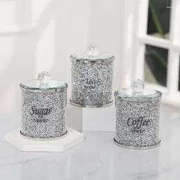 Storage Bottles Glass Kitchen Canister Sets With Crushed Crystal Diamonds Coffee Sugar Tea Container Jar Lid Decorative Food