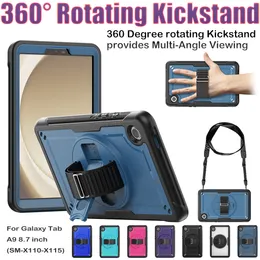 Anti-drop Hand Strap Case For For Samsung Galaxy Tab A9 8.7 inch 360 Rotating Kickstand Cover Ultralight Rugged Shockproof Cases With Screen PET Film+ Shoulder Straps