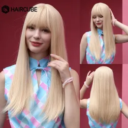 Wigs HAIRCUBE Blonde Synthetic Wigs for Women Long Straight Natural Heat Resistant Wigs With Bangs Natural Daily Cosplay Fake Hair