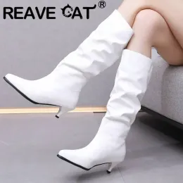 Buty Reave Cat Fashion Buto Buty Specjane palce małe obcasy 5 cm poślizg na plisowanych żeńskich botkach na kolanach duży rozmiar 45 46 47 WYŁĄCZNIE