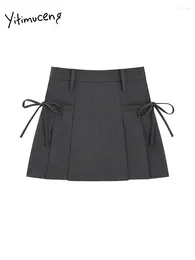 Saias Yitimuceng Lace Up Saia Plissada para Mulheres Verão 2024 Moda Coreana Solta Cintura Alta Chic Slim Uma Linha Mini