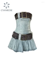 Casual Dresses French Vintage Women's Denim Sexig ärmlös tunika miniklänning Elegant Fashion Party Slash Neck A-Line Frocks med bälte