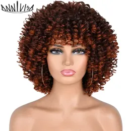 Perukar 14 "Afro Kinky Curly peruk med bangs syntetiska korta cosplay fluffiga axlar lenght peruker för svarta kvinnor värmebeständigt angränsande