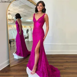 Party Dresses Itsmilla Magenta Fitted V-neck Evening Dress Red Carpet With Sparking Beads Corset Lace Up Tie Back Side Slit Prom