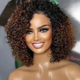 Perucas 180% curto afro kinky curly Human Hair Wigs ombre Destaque a peruca de cabelo humano com franja colorida brasileira cacheada peruca para mulheres