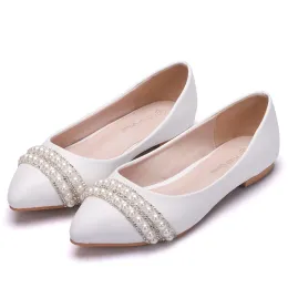 Flats Crystal Queen Women Bridal handgefertigte Dame Hochzeitsschuhe sexy bequeme weiße Perlenkleid Flats Flats