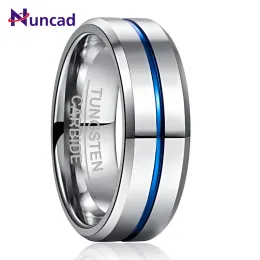 Charms Nuncad 8mm Breite Wolfram -Vergaser Ring 2,3 mm dicker Stahl Farbe Vollpolierte blaue Rille mit abgewinkeltem Wolfram -Stahl -Herrenring