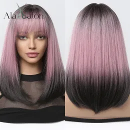 Wigs ALAN EATON Ombre Pink Bob Wigs with Bangs Short Wig for Women Black Pink Synthetic Straight Wig Colorful Party Cosplay Fake Hair
