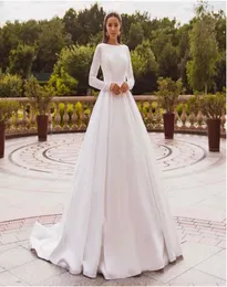 Eleganti abiti da sposa in raso manica lunga in pizzo abito da sposa abito da sposa musulmano coperto indietro Vestido de novia 20211504580