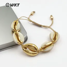 Bangles WTB433 WKT Atacado 5pcs Sea Side Jóias Branco Cowrie Shell Pulseira com uma concha metálica completa no estilo Boho