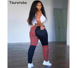 Tsuretobe retalhos xadrez calças femininas outono 2020 roupas femininas streetwear cintura alta joggers bolsos casuais calças multicoloridas2416479