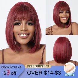 Wigs Wine Red Короткие прямые синтетические парики с челкой натуральный боб парик для чернокожих женщин Косплей Хэллоуин Теплостойкость