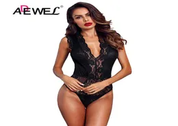 ADEWEL Women Black Hollowout Lace Bodysuit Sexig ärmlös V Neck Body Topps Female Club bär mager transparenta bodysuits Y1905168678982