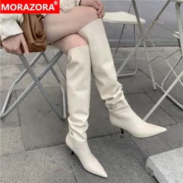 Boots Morazora 2023 Size 3343 أصلي نساء من الجلود أحذية الخنائية المدببة في إصبع القدم سيدات أحذية شتوية صلبة ألوان ركبة عالية