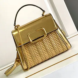 Sommarvävd tygväska designer stråpåse rese strandpåse klaff handväska handvävd halm läder axel väska guld kedja crossbody väska helgväska designer totes