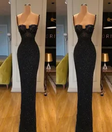 2020 Glitter pochwa wieczorowe sukienki cekiny Spaghetti z koralikami czarna długość podłogi formalne suknie imprezowe