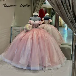 Смотрите через корсет светло -розовые кружевные аппликации с плеча платьев Quinceanera для девочек Ball Hown Sweet 16 платьев новое в