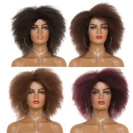 Peruklar kısa afro kinky kıvırcık peruk ile patlama puflu doğal yüksek kaliteli sentetik saç perukları Siyah kadın ısıya dayanıklı cosplay perukları
