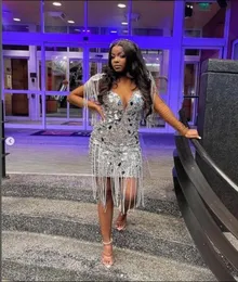 Роскошное бриллиантовое серебряное вечернее платье 2023 Sparkly Crystal Short Prompled для чернокожих девушек с длинным рукавом выпускной коктейль FO6274863