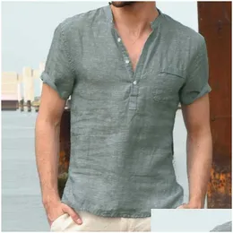 T-shirt da uomo T-shirt in lino di lino di lino in lino casual bottone a v-scorsa giù slim fit cotone maniche corta top 210716 Abbigliamento di consegna a goccia dhx0s