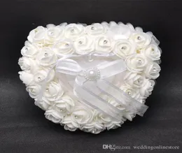 Love Heart White Crystal Pearl Bridal Ring Pillow Organza Satin Lace Bearer Flower Rose Pillows Bridal Supplies Beaded Wedding Fav9180555