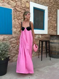 Pembe kontrast spagetti kayış maksi elbise owmen için seksi sırtsız dantel kapalı omuz gevşek elbiseler yaz bayanlar plaj robes 240327