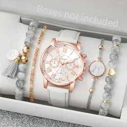 손목 시계 5pcs/set Women Watches White Turquoise Beads 팔찌 세트 패션 제네바 시계 가죽 밴드 쿼츠 손목 시계 (상자없이)