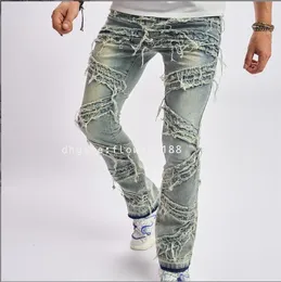 Herr jeans nya rippade män jeans katt skägg stitch mode sträcka lösa breda ben byxor casual mäns byxor jeans blomma jeans för jeans för en kvinna