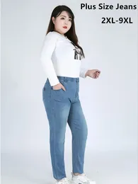 Klassiska blå kvinnor byxa jeans 9xl 140 kg 7xl 6xl plus storlek stor hög midja elastisk denim byxor kvinnlig casual smal fit byxor 240403