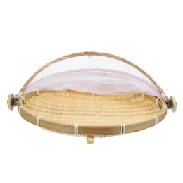 Conjuntos de utensílios de jantar que servem a tenda de cesta tecida com capa de malha ao ar livre piquenique frutas de pão vegetal recipiente de 30 cm